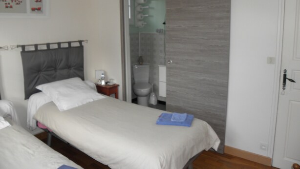A hotel room with two beds, a bathroom, and a sliding door. - Bed & Breakfast La Planche Pinçon (Teloché)