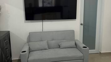 A bedroom with a grey sofa, a bed with a white quilt, a flat-screen TV mounted on the wall, and a closed door.