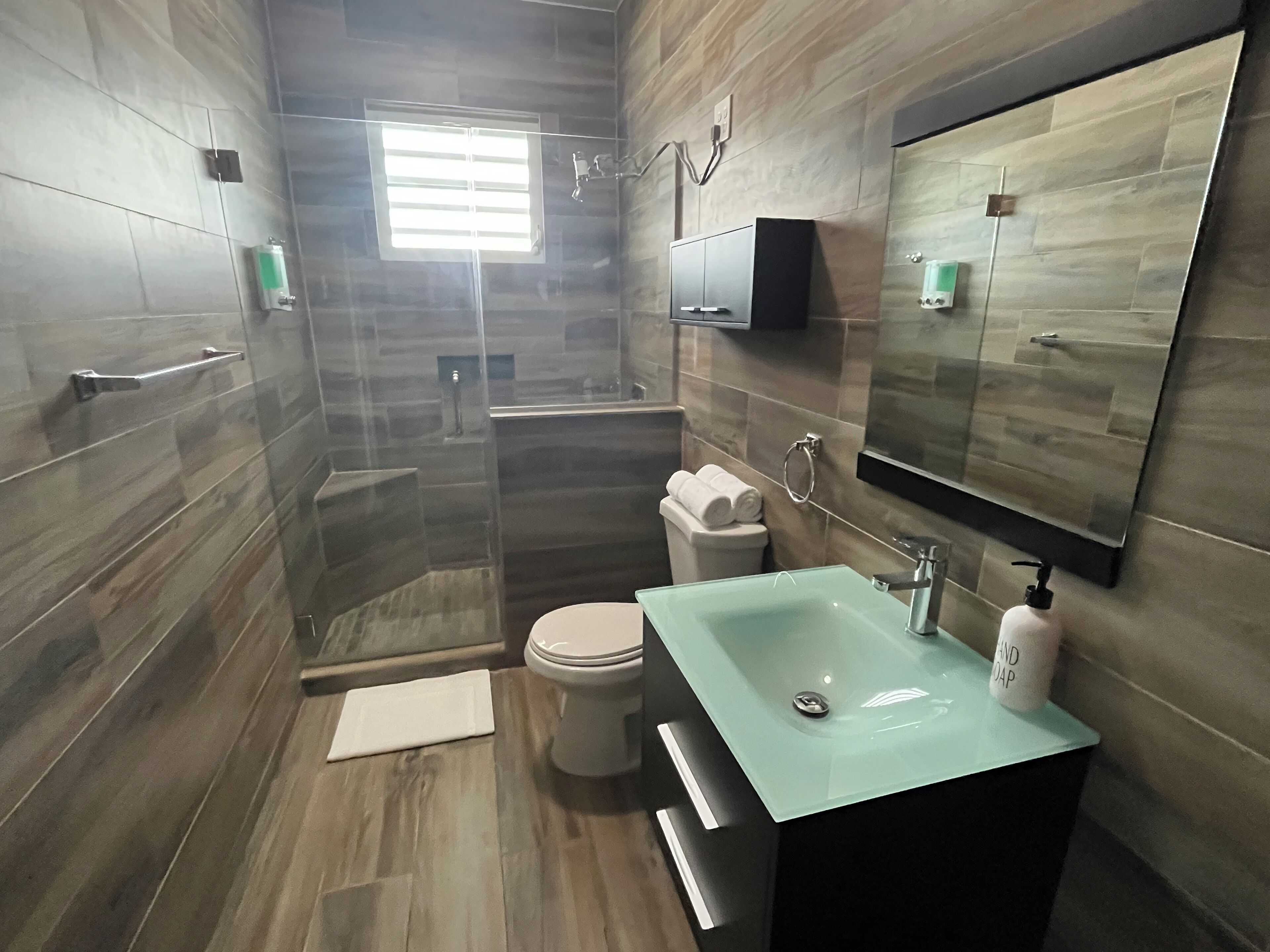 A modern bathroom with a glass shower enclosure, a toilet, a sink with a soap dispenser, and a mirror.