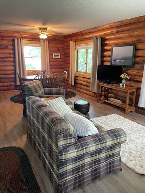 Smart TV, fireplace, DVD player, books