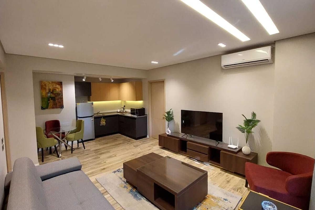 Deluxe Apartment | Living area | 55-inch LCD TV with satellite channels, Netflix, streaming services