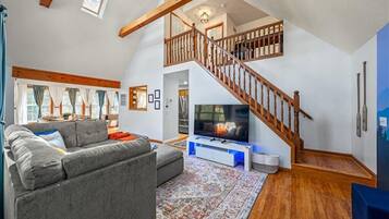 Smart TV, fireplace, video games, foosball