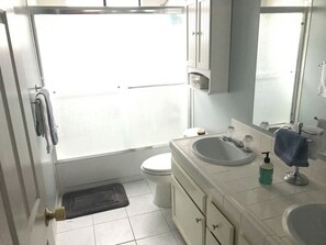 Hair dryer, towels, soap, toilet paper