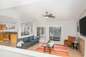 Télévision, cheminée, chaîne hi-fi