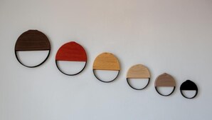 Seis círculos de colores y tamaños diferentes, alineados en fila sobre un fondo liso.