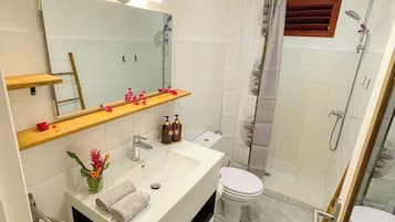 Shower, hair dryer, towels, soap