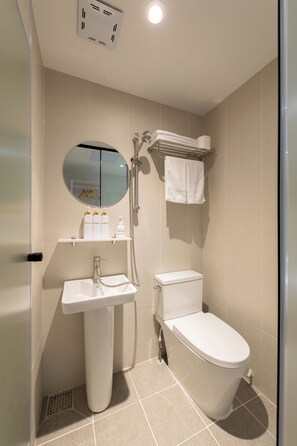 Shower, hair dryer, soap, shampoo