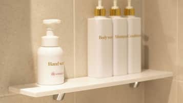 Ducha, secador de pelo, toallas, jabón