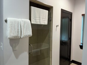 Shower, jetted tub, hair dryer, towels