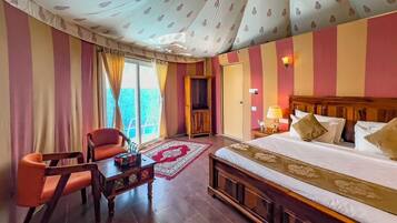 Family Tent, Desert view | Egyptian cotton sheets, premium bedding, down duvets, memory-foam beds