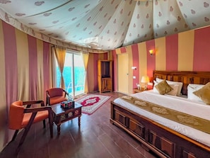 Family Tent, Desert view | Egyptian cotton sheets, premium bedding, down duvets, memory-foam beds
