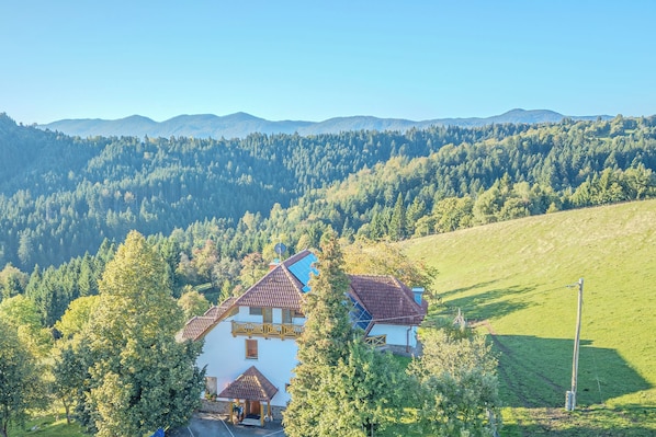 A house with a sloped roof, surrounded by a forested hillside.