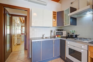A modern kitchen with a built-in stove, oven, and microwave.