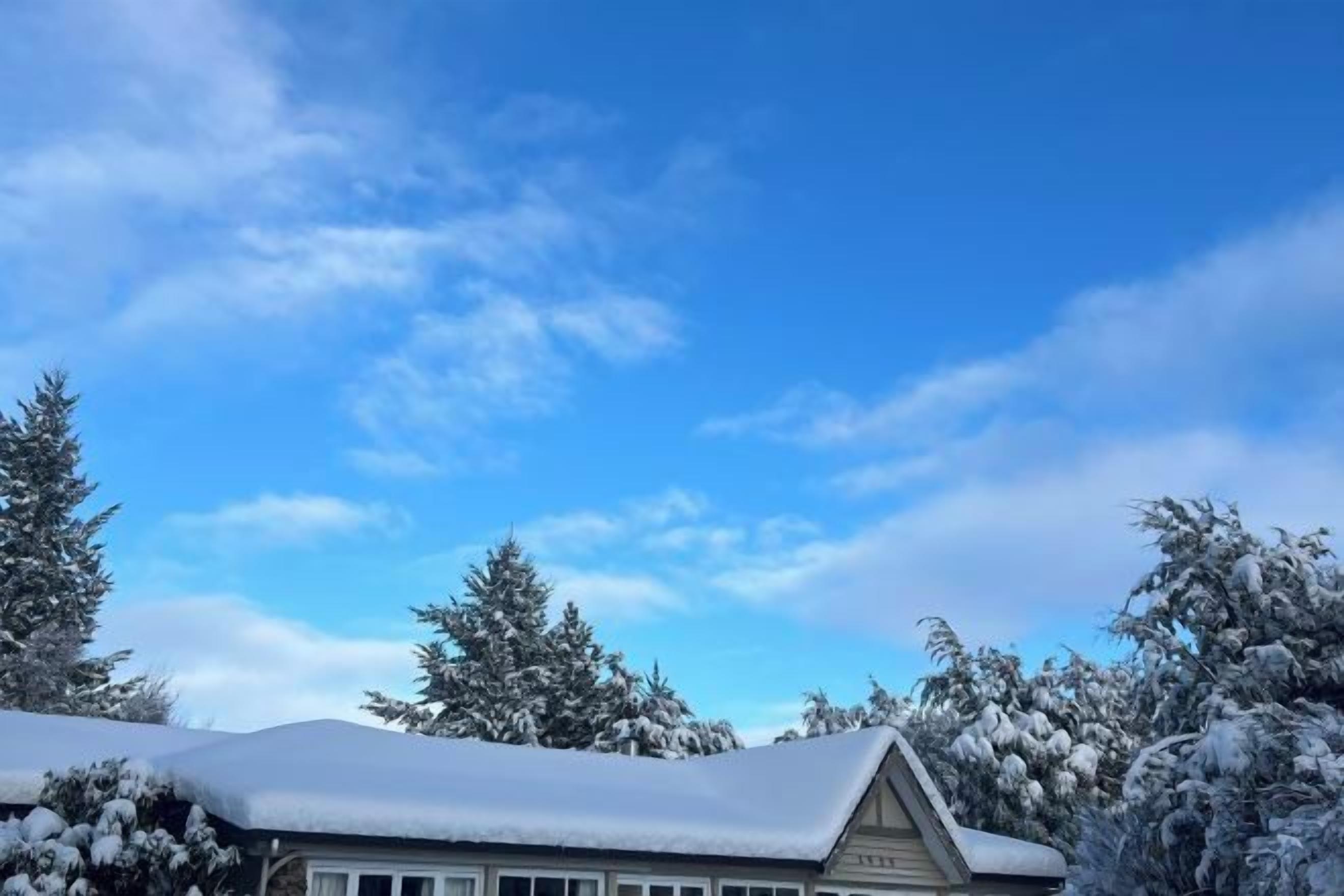 A house with a snow-covered roof and trees, under a clear blue sky.