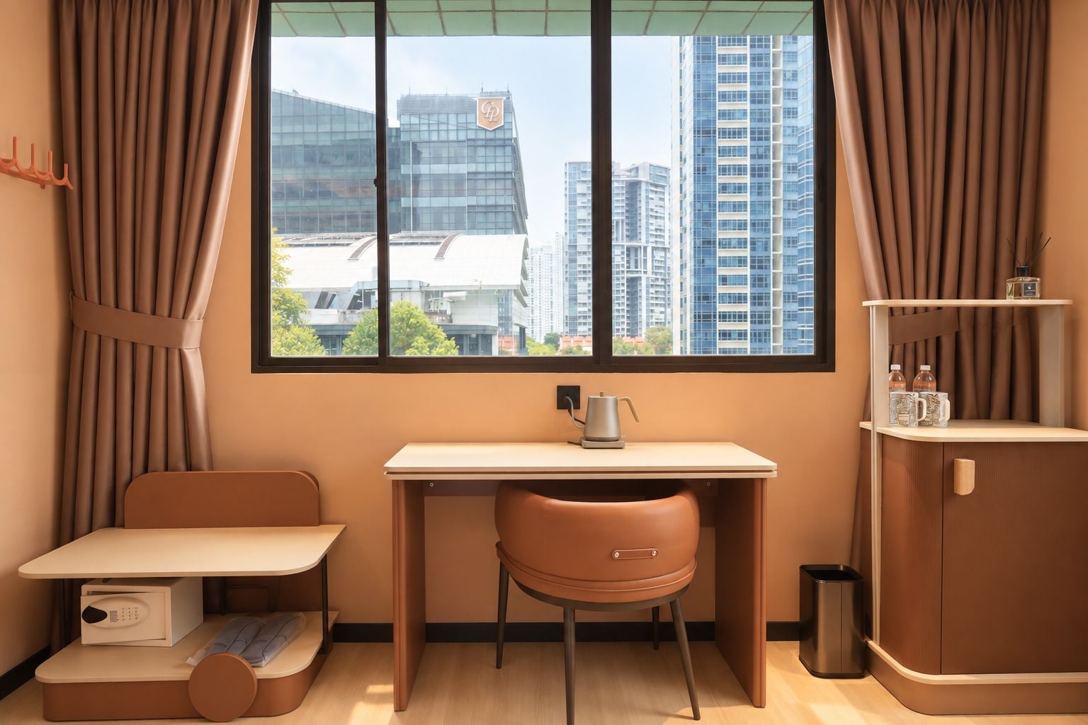 Ein kleines, kompaktes Hotelzimmer mit Schreibtisch, Stuhl und einer kleinen Sitzecke. Ein Fenster bietet Blick auf hohe Gebäude.