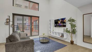 Smart TV, fireplace, foosball, table tennis