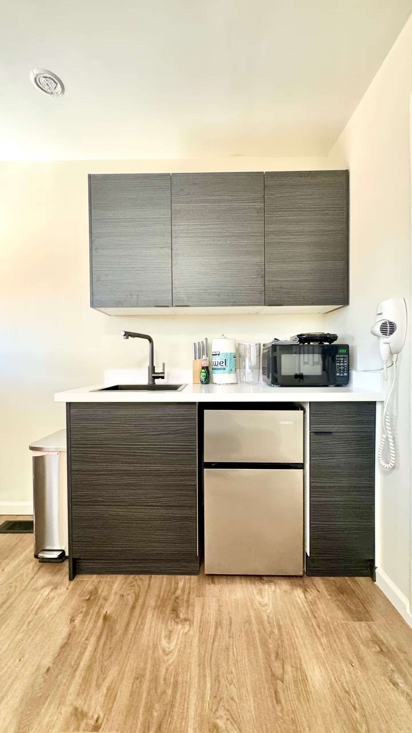 Fridge, microwave, coffee/tea maker, toaster