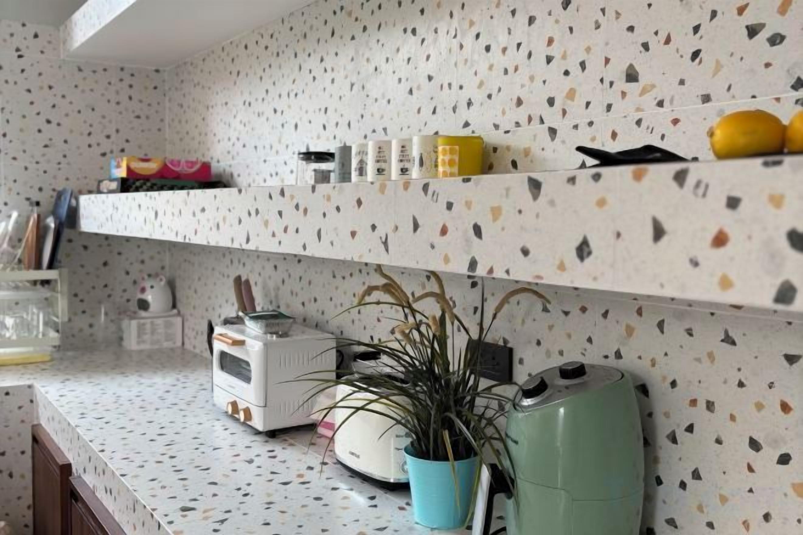 A kitchen with a countertop, a toaster, a plant, and a microwave.