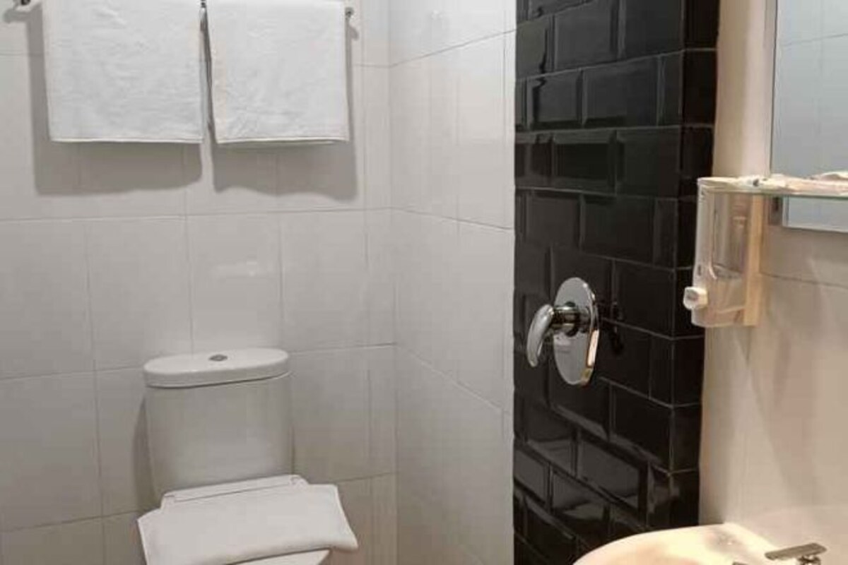 Een badkamer met een toilet, een wastafel en een spiegel.