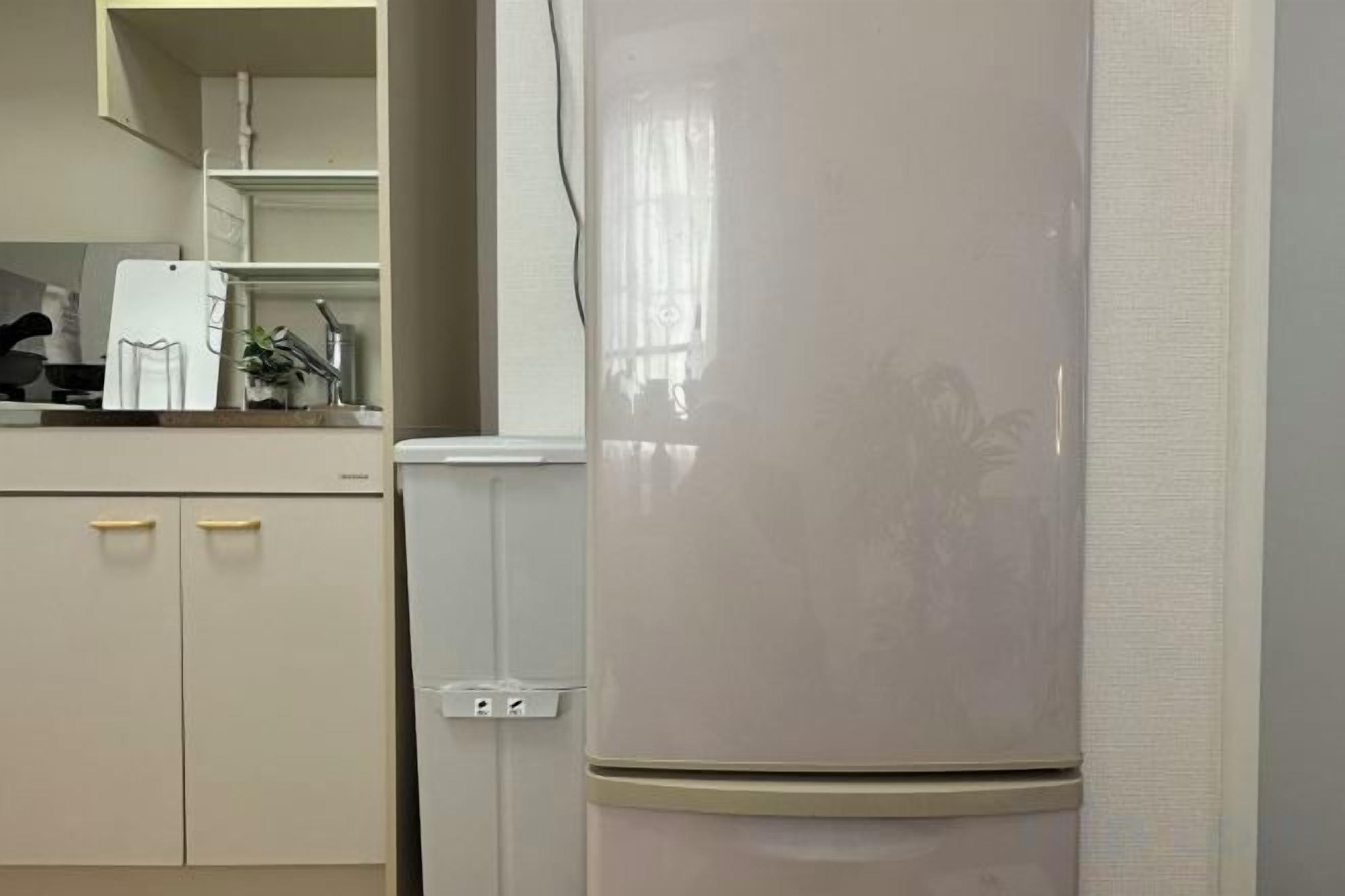 A kitchen with a refrigerator, cabinets, and a countertop.
