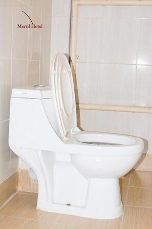 Shower, free toiletries, slippers, towels