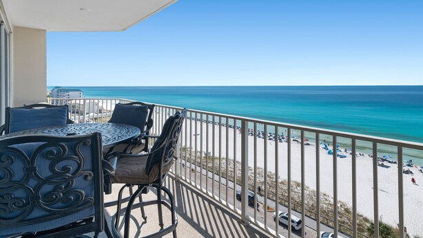 A balcony with a view of the beach and ocean. - *Majestic Sun A801*Updated*Heated Pools +Hot Tubs*Gym*Pickleball & Tennis* (Miramar Beach)