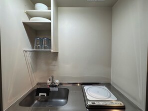 Fridge, microwave, cookware/dishes/utensils