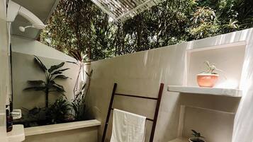 Shower, towels, soap, toilet paper