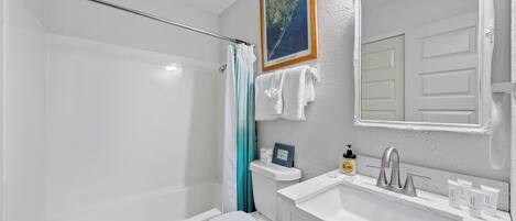 A bathroom with a white toilet, a shower with a glass door, a sink with a mirror, and a framed picture on the wall.