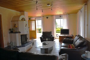 Una televisión, una chimenea, un reproductor de DVD