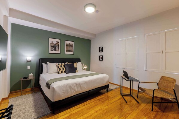 1 bedroom, desk, iron/ironing board, travel cot
