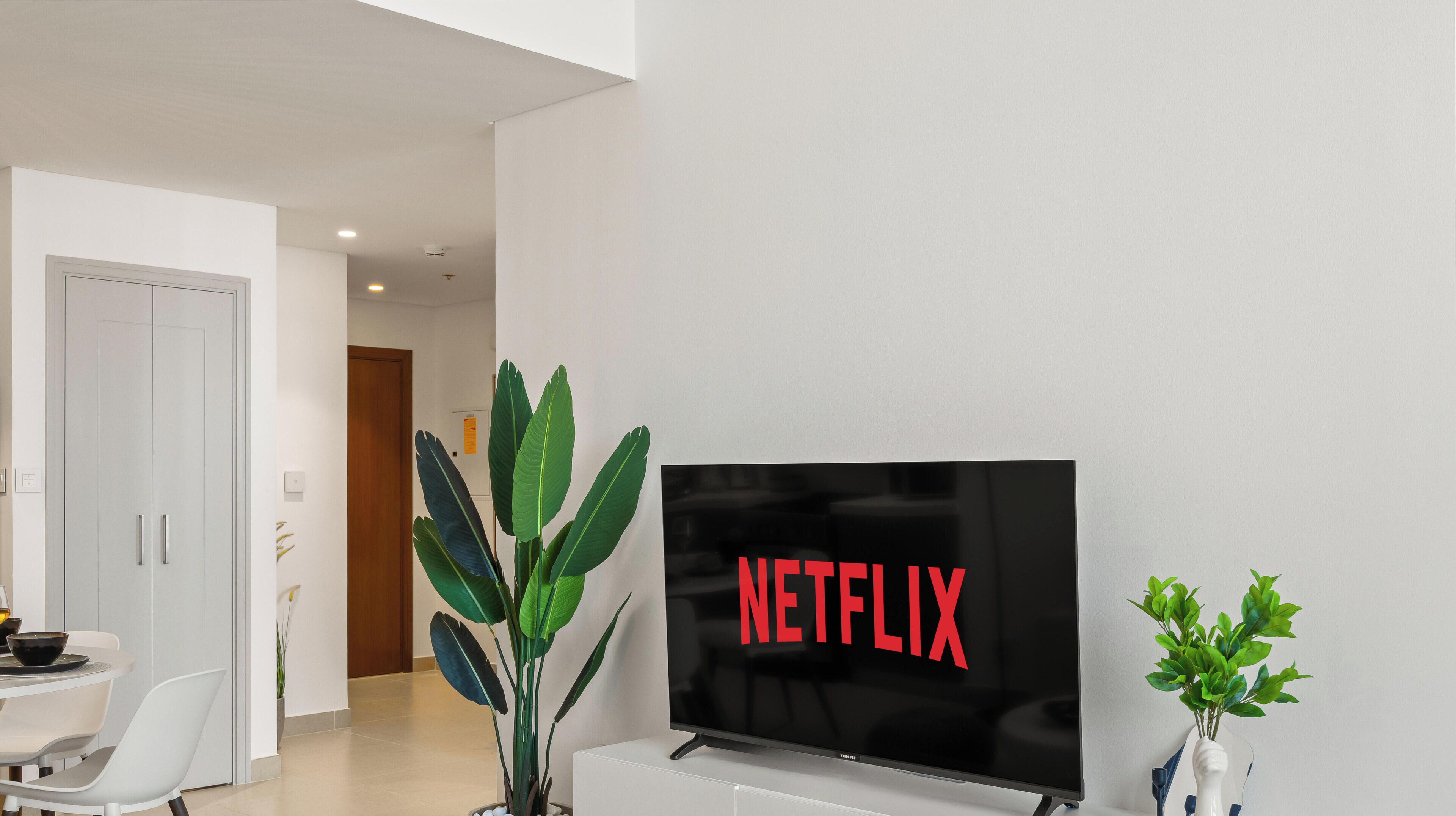 Moderni olohuone, jossa on litteänäyttöinen televisio, jonka ruudulla näkyy Netflixin logo, valkoinen ruokapöytä ja -tuolit sekä ruukussa oleva kasvi.