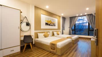 Desk, laptop workspace, blackout curtains, free WiFi