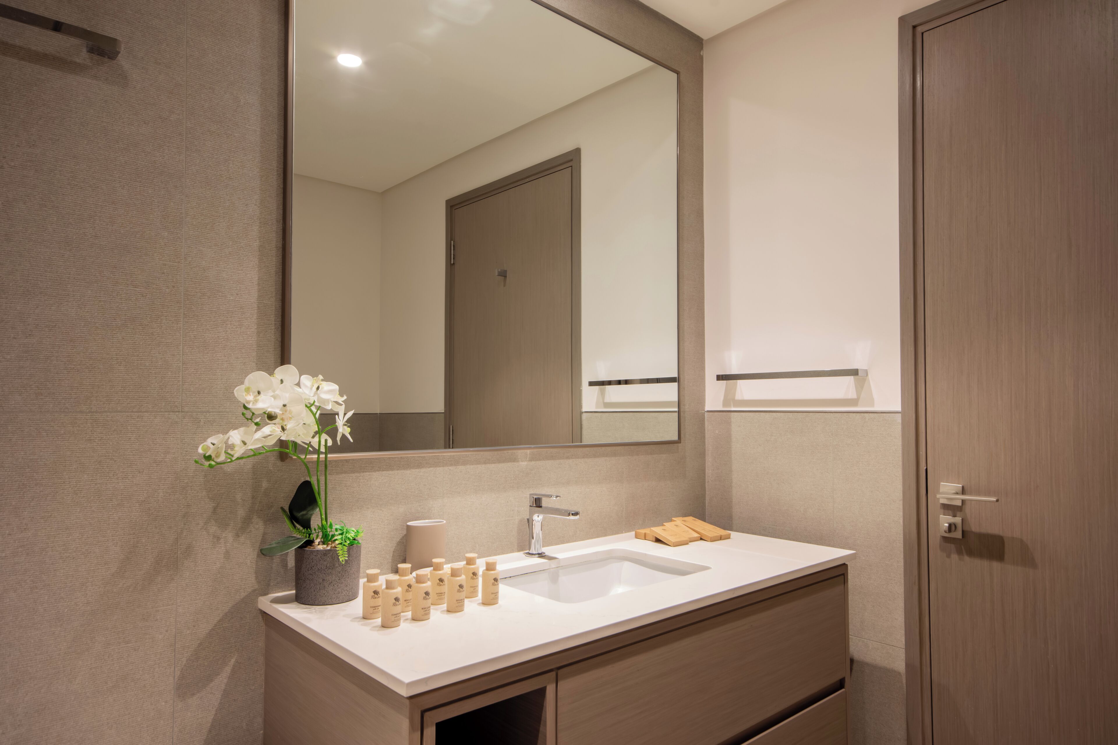 A modern bathroom with a large mirror, a sink, and a potted orchid.