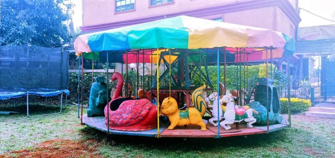 A carousel with colorful animal figures and a canopy.
