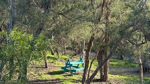 Een picknicktafel in een bebost gebied.