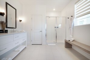 Shower, hair dryer, towels, soap