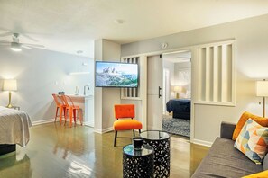 1 bedroom, desk, iron/ironing board, travel crib