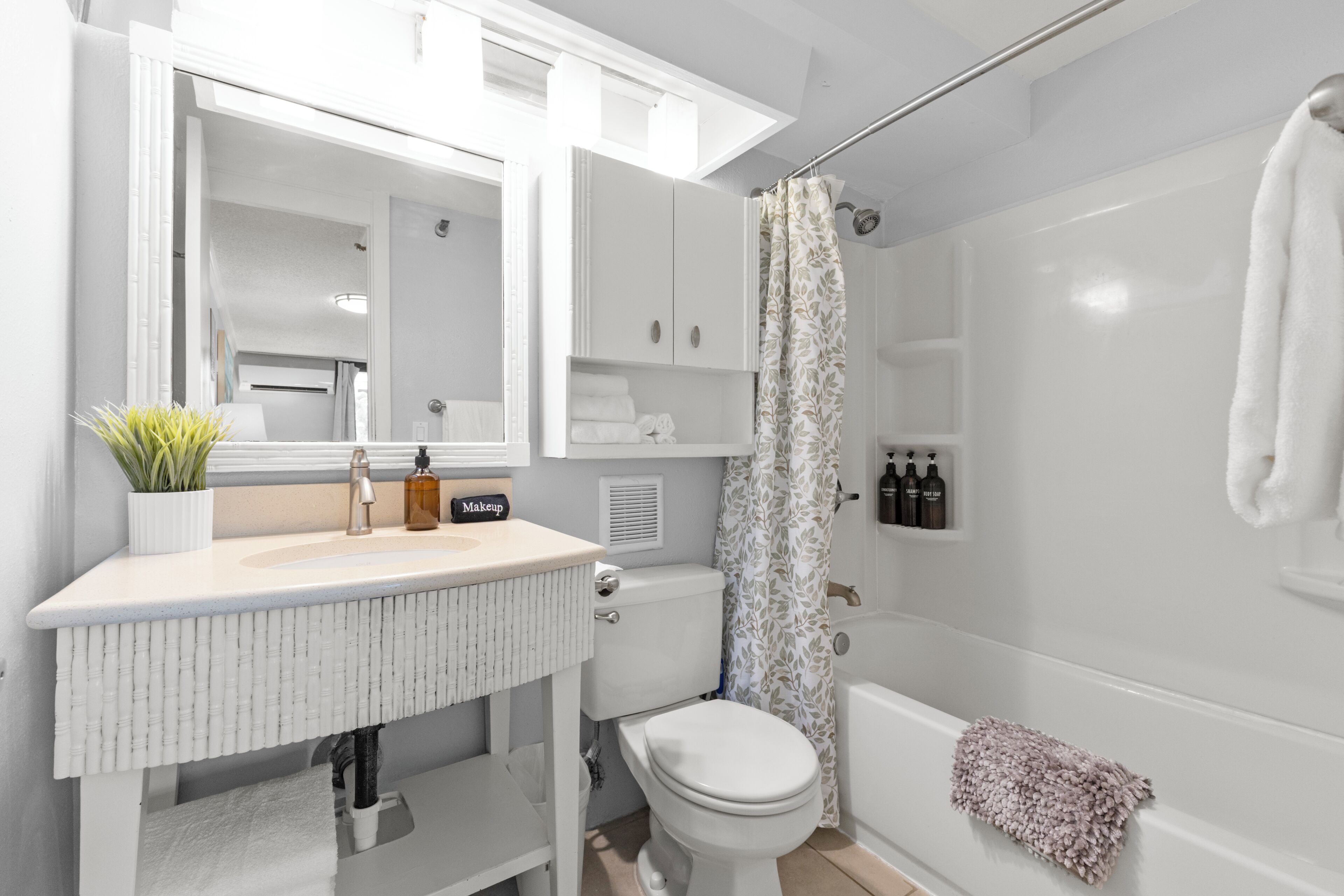 Hair dryer, towels, soap, toilet paper