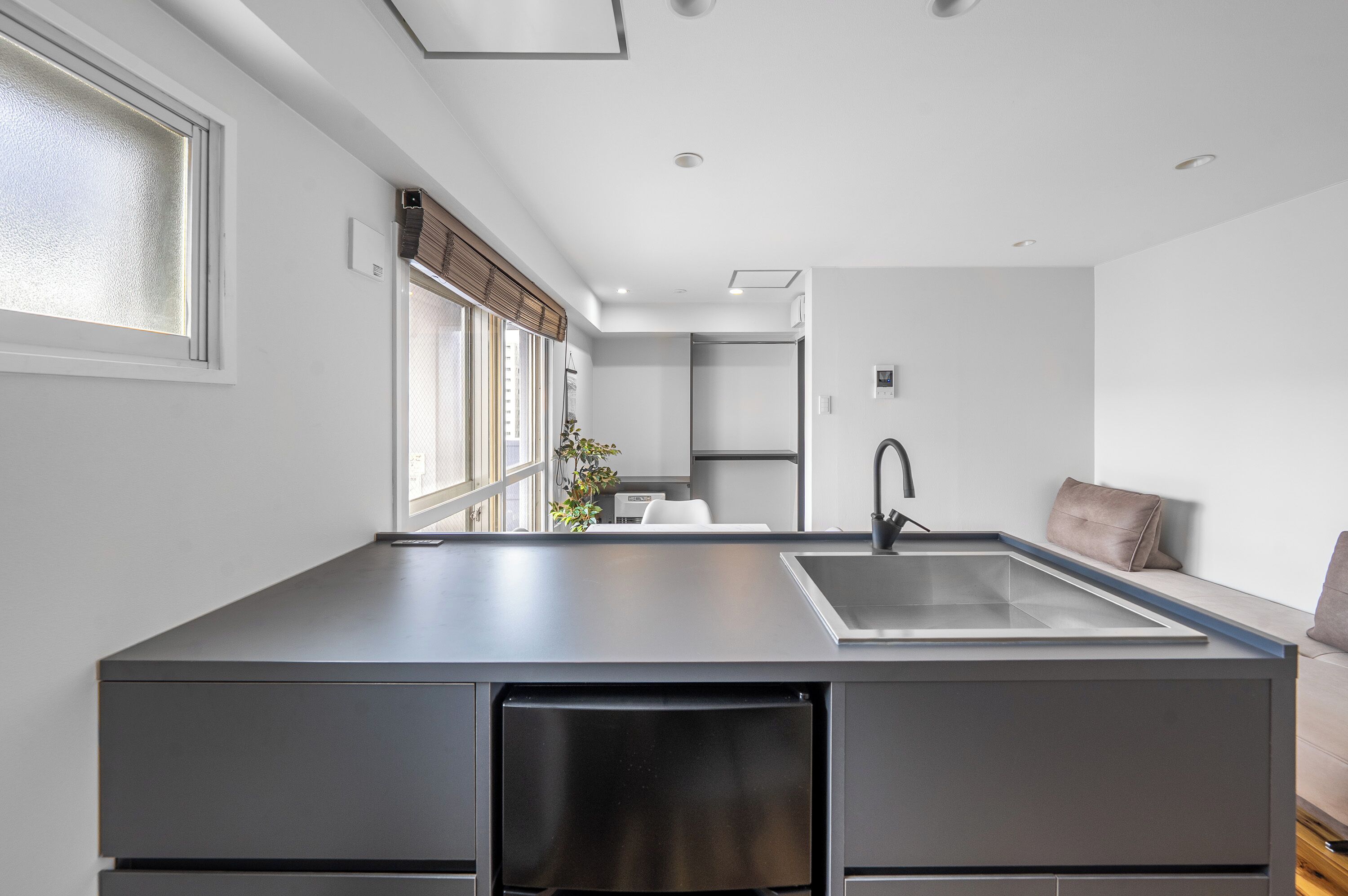 Fridge, microwave, stovetop, electric kettle