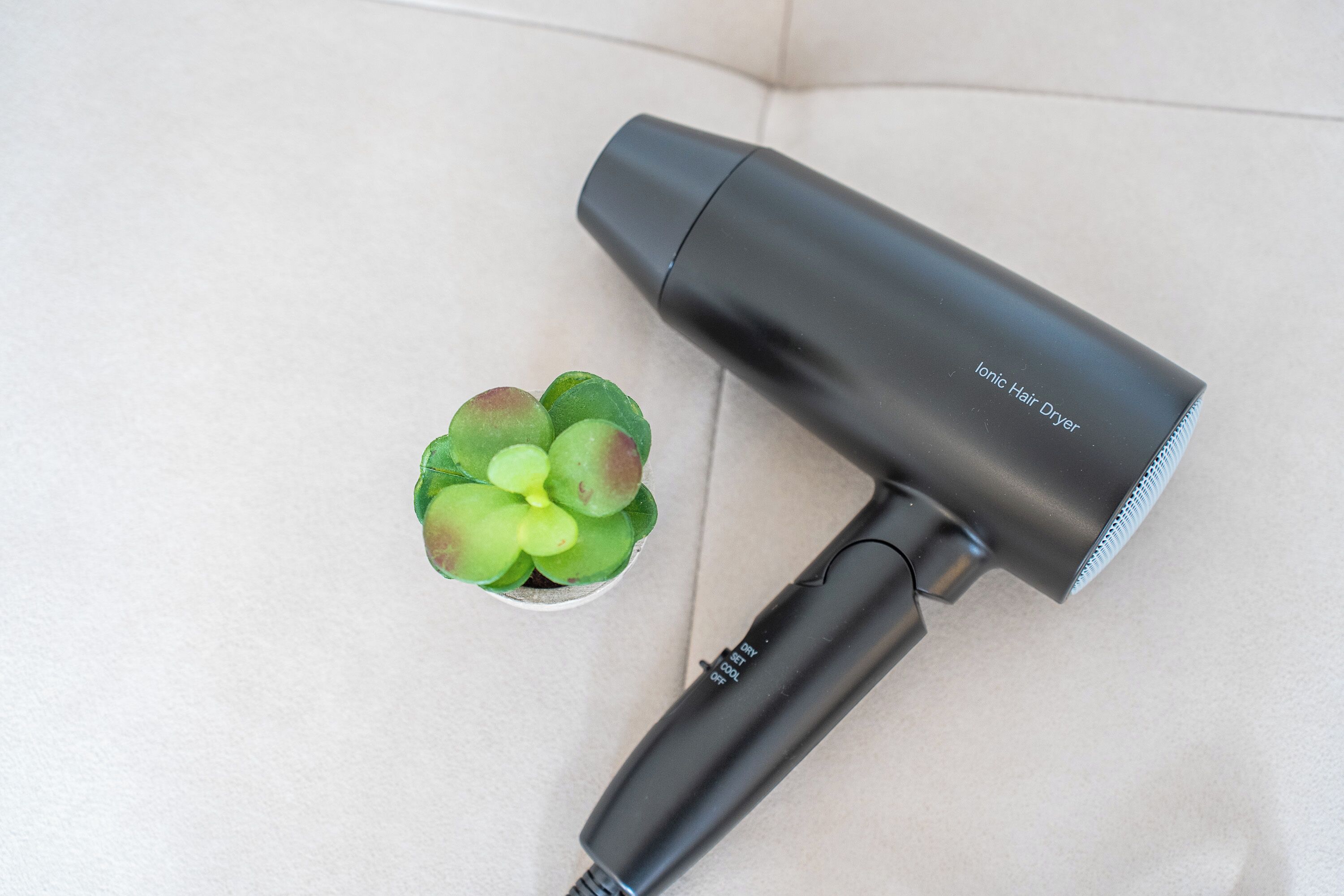A hair dryer and a small potted plant on a light-colored surface.