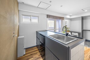 Fridge, microwave, stovetop, toaster