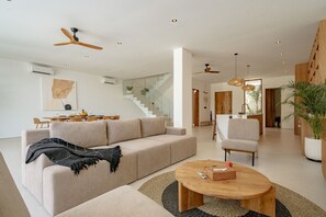 Luxury Villa, 3 Bedrooms, Pool View | Living room | 70-inch TV with cable channels