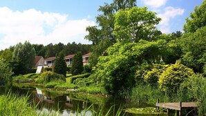 A serene lakeside setting with a wooden dock, lush greenery, and houses in the background.