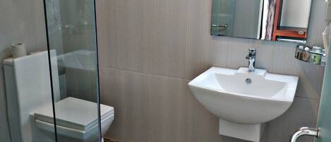 Un baño moderno con cabina de ducha de vidrio, un inodoro blanco, un lavabo con espejo y suelo de madera.