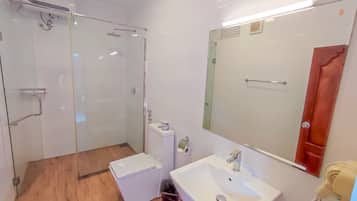A modern bathroom with a glass shower enclosure, a white sink, and a small trash bin.