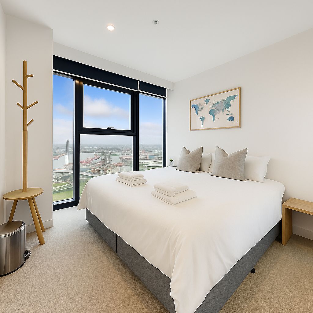 Habitación de hotel moderna con una cama grande, vista panorámica de la ciudad a través de un ventanal de pared a techo, un perchero y una mesita de noche.
