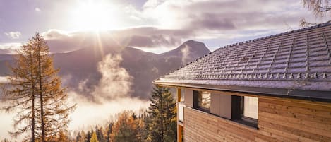 A mountain cabin with a sloped roof, surrounded by a forest and mountains.