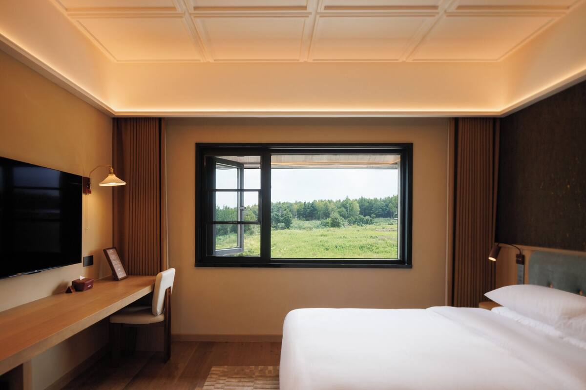 A hotel room with a bed, a desk, a television, and a window with a view of a green field.