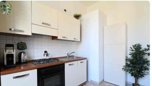 A kitchen with white cabinets, a stove, a sink, and a refrigerator. There is a potted plant on the floor.